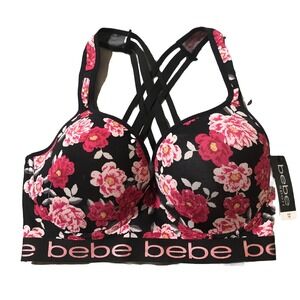 BEBE Banded Logo Cross Cross Racerback Sport Bra Since 1X Underwire Push-up NWT